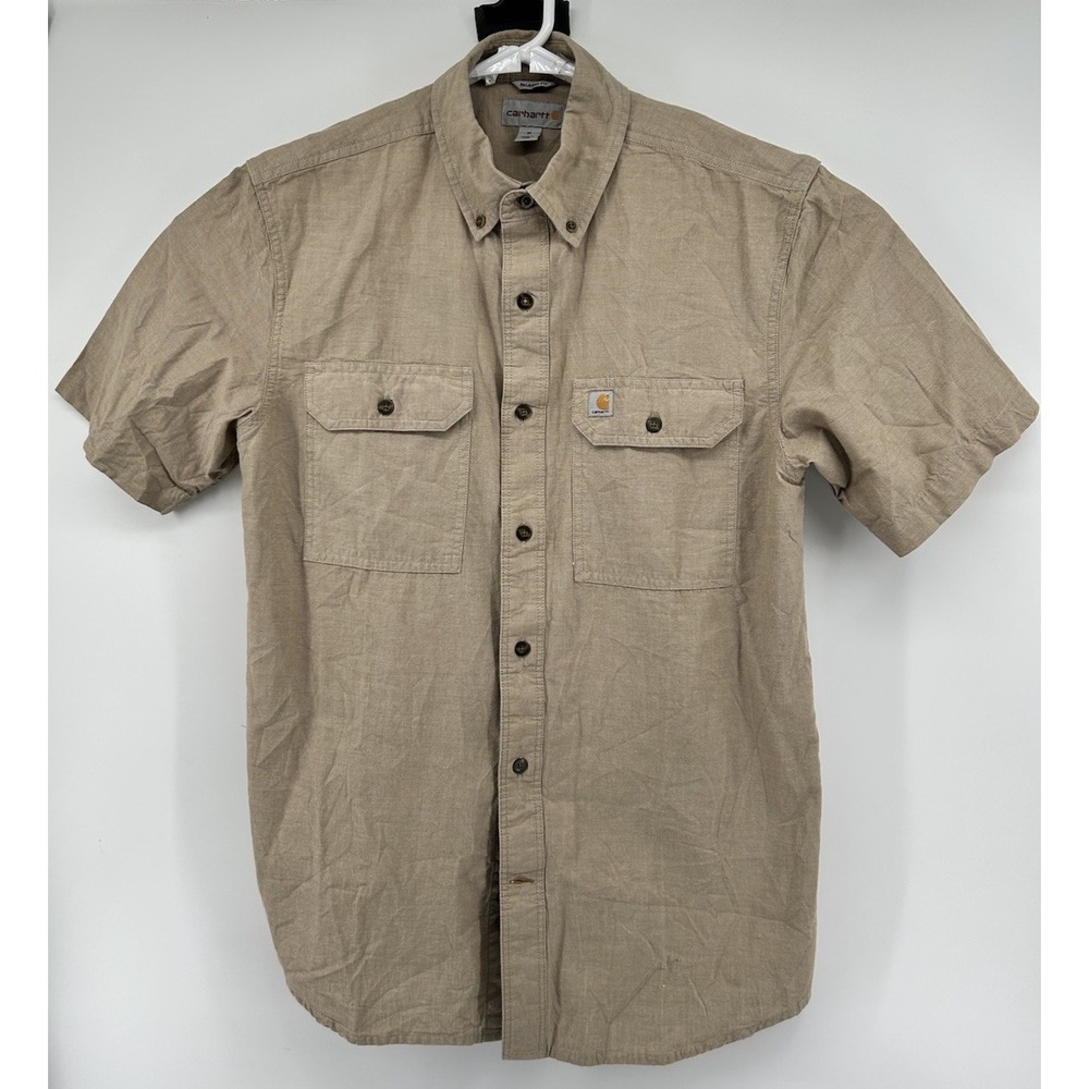 Carhartt Relaxed Fit Short Sleeve Button Down Front Pockets Tan Men's Medium